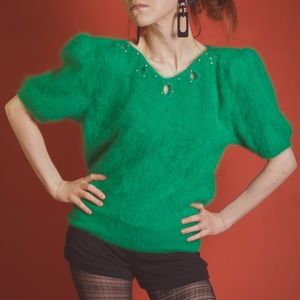 retro green puff shoulder top
